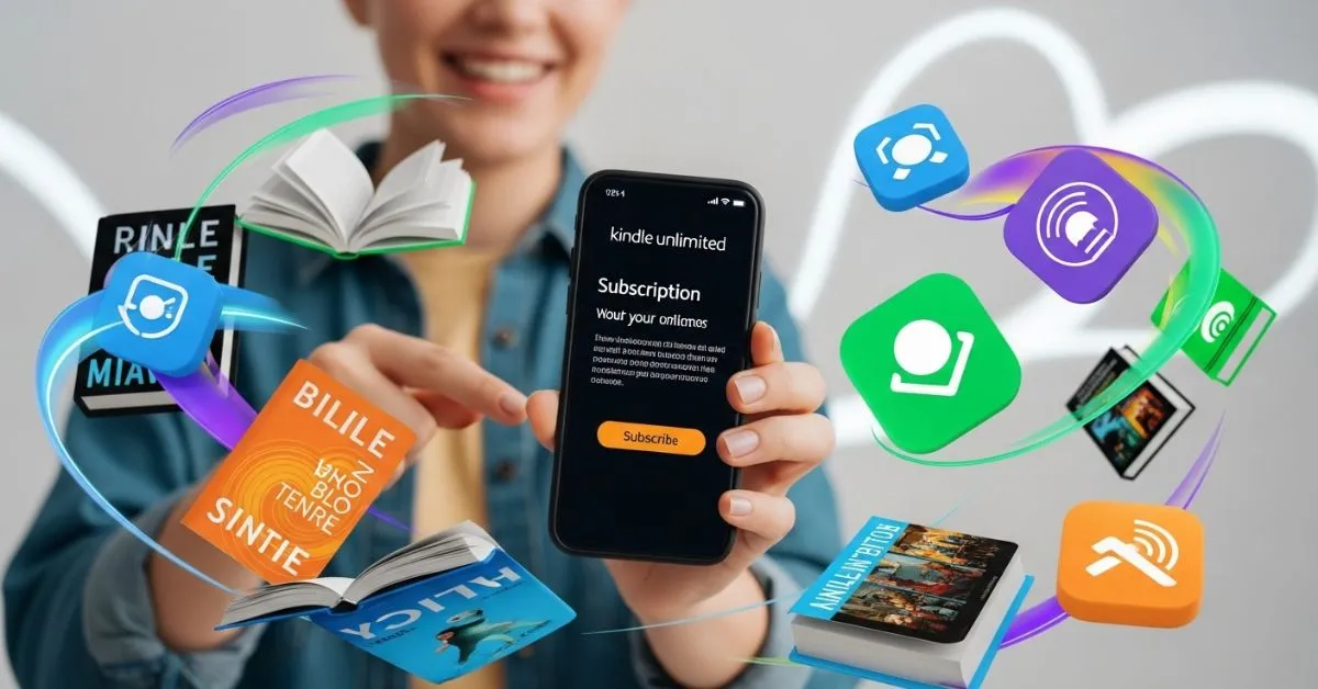Pessoa assinando Kindle Unlimited em 2026 pelo celular, com livros digitais e audiobooks flutuando ao fundo, representando leitura ilimitada e tecnologia.