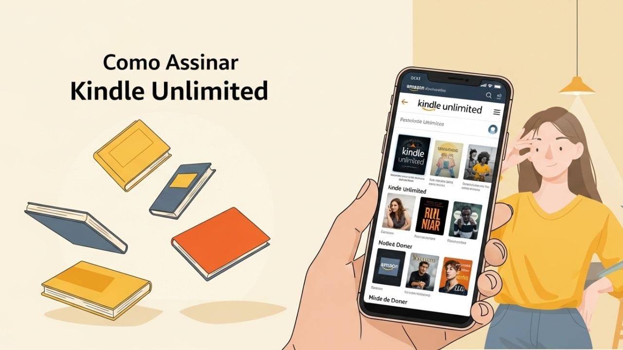 Ilustração de uma pessoa assinando o Kindle Unlimited pelo celular, com livros digitais ao fundo, representando o passo a passo de como assinar Kindle Unlimited.