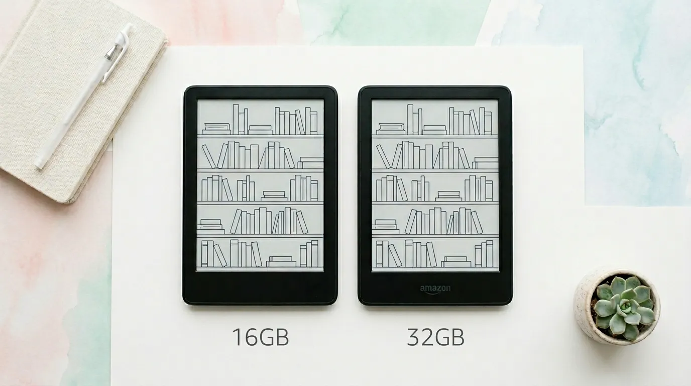 Dois Kindles Amazon lado a lado mostrando a comparação entre o modelo 16GB e 32GB sobre fundo branco