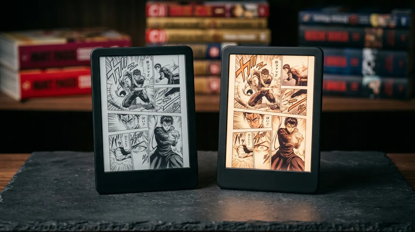 Dois Kindles lado a lado — um exibindo página em preto e branco e outro com a mesma página em cores vibrantes — ilustração do comparativo Kindle Paperwhite vs Colorsoft.