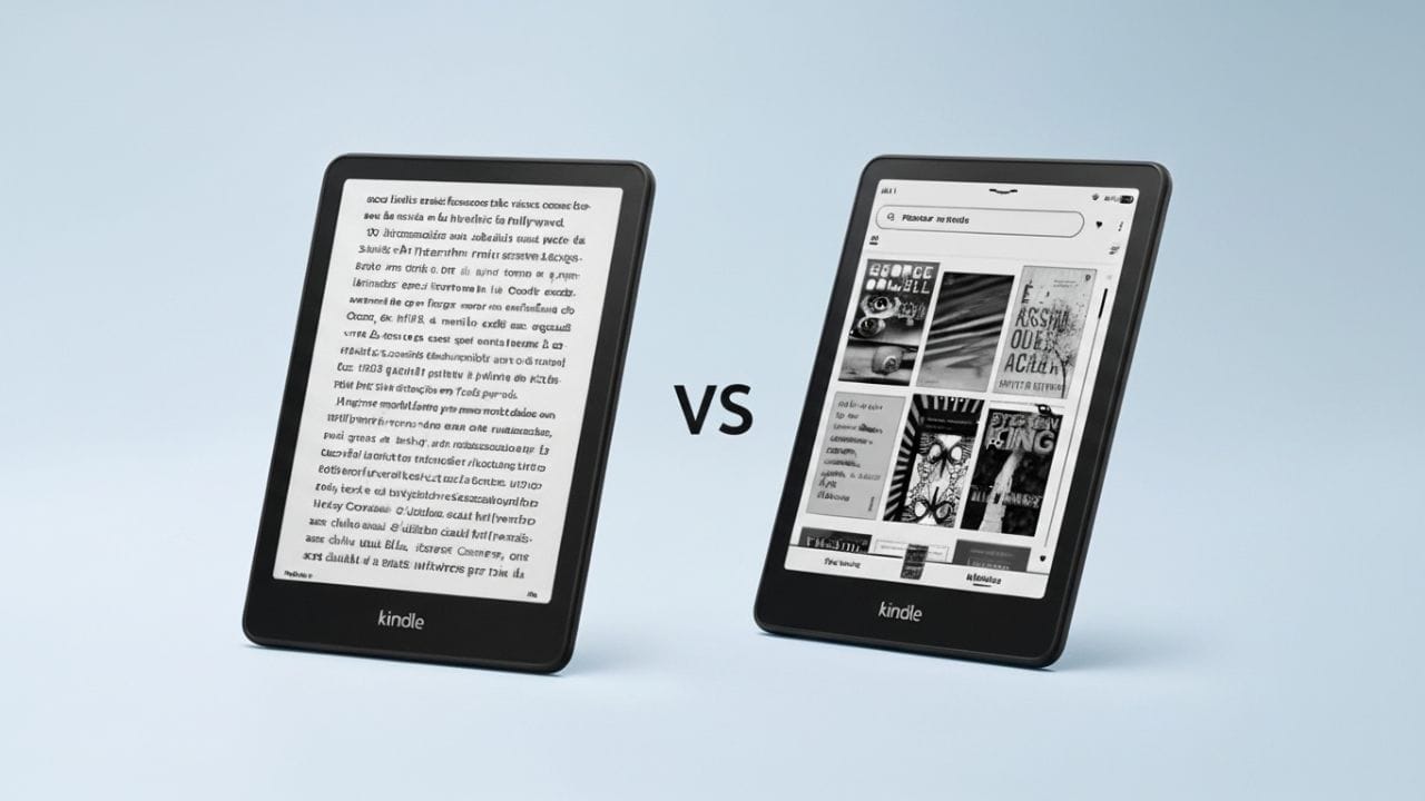 Comparação entre o Kindle Paperwhite e o Kindle Paperwhite Signature Edition lado a lado, exibidos em fundo claro, destacando o design e a tela dos dois e-readers.