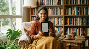 Mulher lendo em um Kindle com uma xícara de café ao lado, representando a experiência do Kindle Unlimited — serviço de assinatura de livros digitais da Amazon