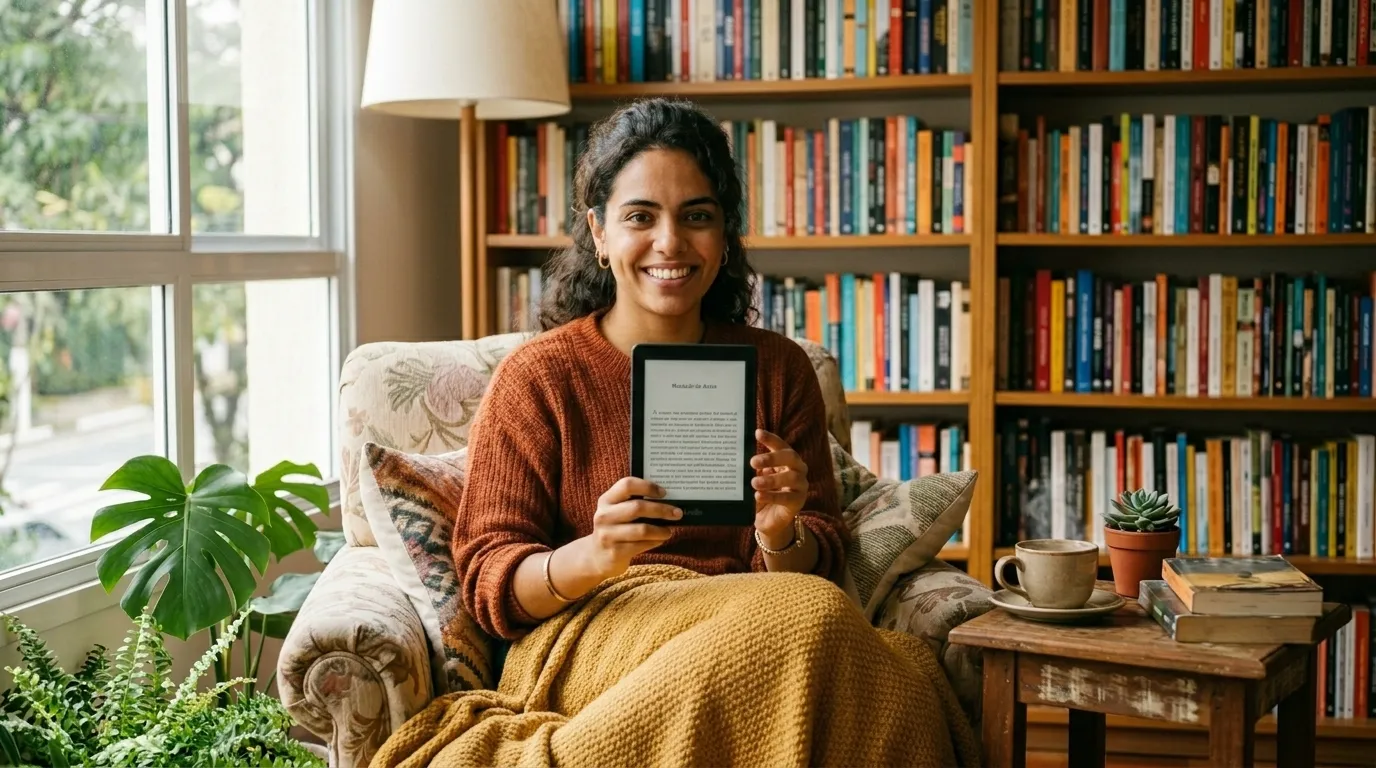 Mulher lendo em um Kindle com uma xícara de café ao lado, representando a experiência do Kindle Unlimited — serviço de assinatura de livros digitais da Amazon