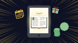 Kindle exibindo livro digital com ícones de calendário, moedas e desconto ao redor — ilustração do artigo sobre preço do Kindle Unlimited em 2026 do Seu Universo de Leitura.