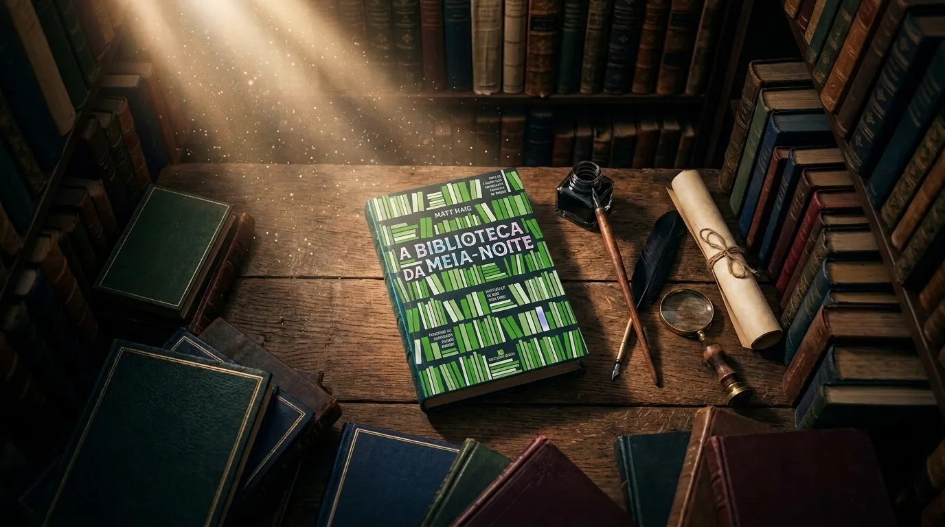 Livro A Biblioteca da Meia-Noite de Matt Haig sobre mesa com outras obras ao redor em atmosfera misteriosa — resenha completa, sinopse e tudo sobre o filme da Netflix.