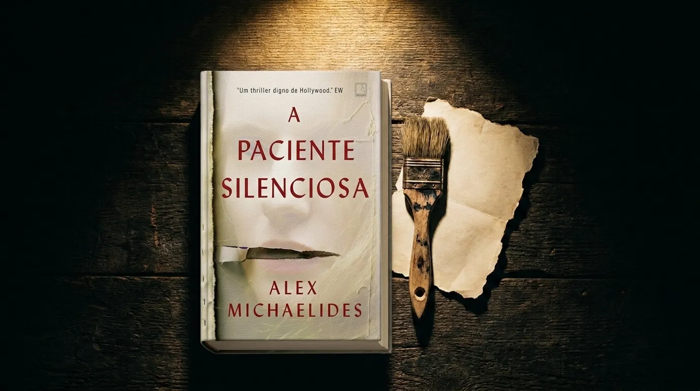 Livro A Paciente Silenciosa de Alex Michaelides sobre superfície escura com pincel ao lado — resenha completa, frases, spoilers e tudo sobre o filme 2026.
