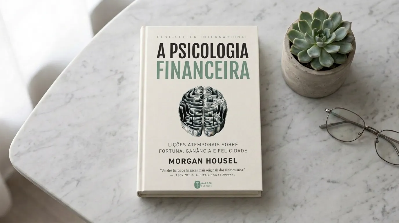 Livro A Psicologia Financeira de Morgan Housel sobre superfície de mármore — resenha completa e principais lições sobre comportamento financeiro em 2026.