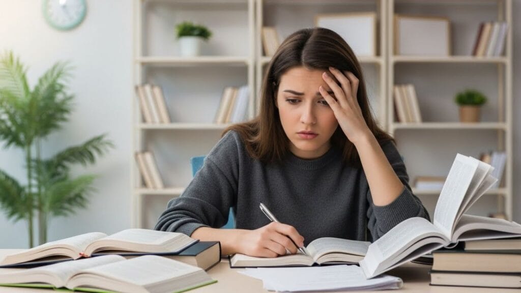 Estudante frustrado esquecendo todo o conteúdo antes da prova, cercado de livros e anotações.