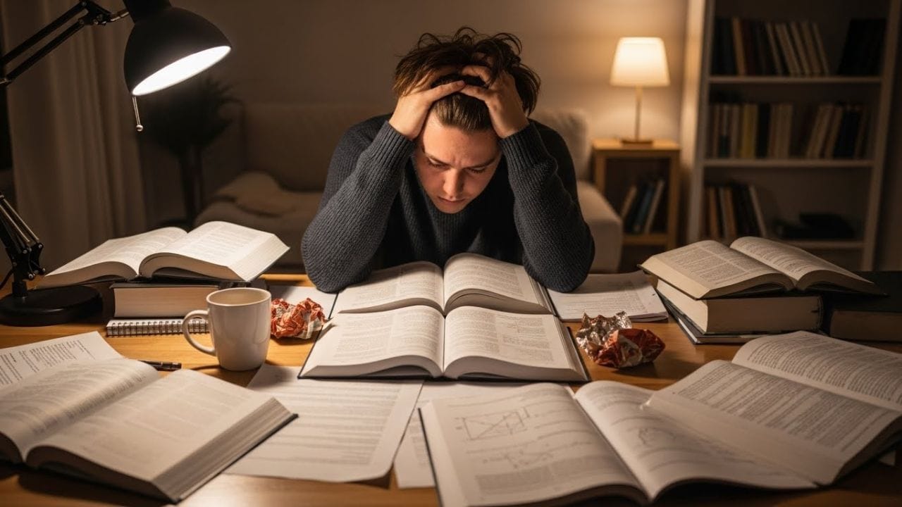 Pessoa estudando com dificuldade, representando o problema “estudo muito e não consigo avançar no conteúdo” durante a rotina de estudos