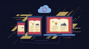 Celular, tablet e laptop conectados por linhas de sincronização exibindo o mesmo livro — ilustração do artigo Kindle Unlimited em múltiplos dispositivos.
