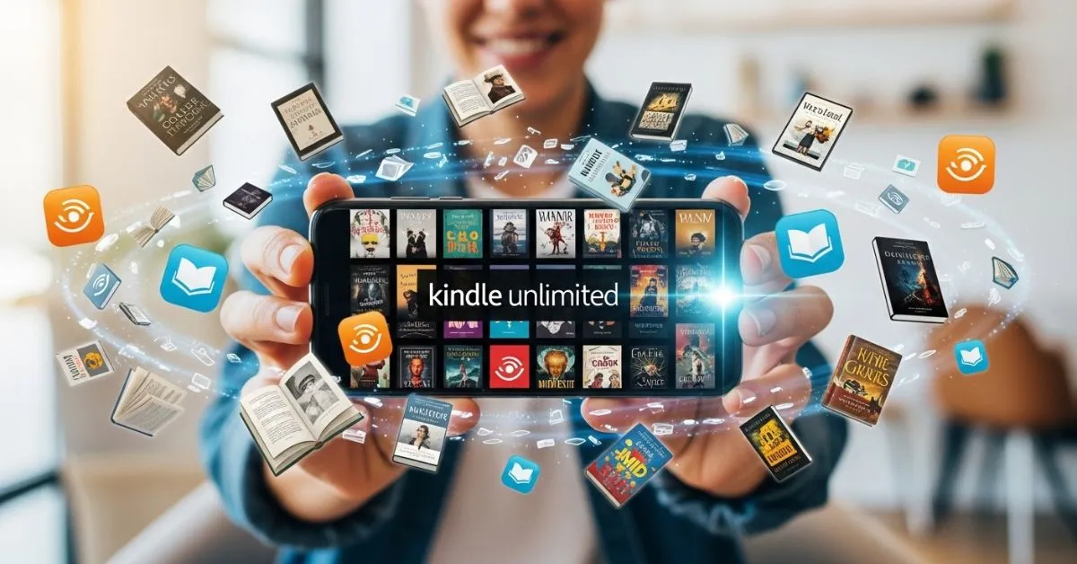 Leitor usando Kindle Unlimited no celular e tablet, com livros digitais e audiobooks flutuando ao redor, simbolizando leitura ilimitada em múltiplos dispositivos.