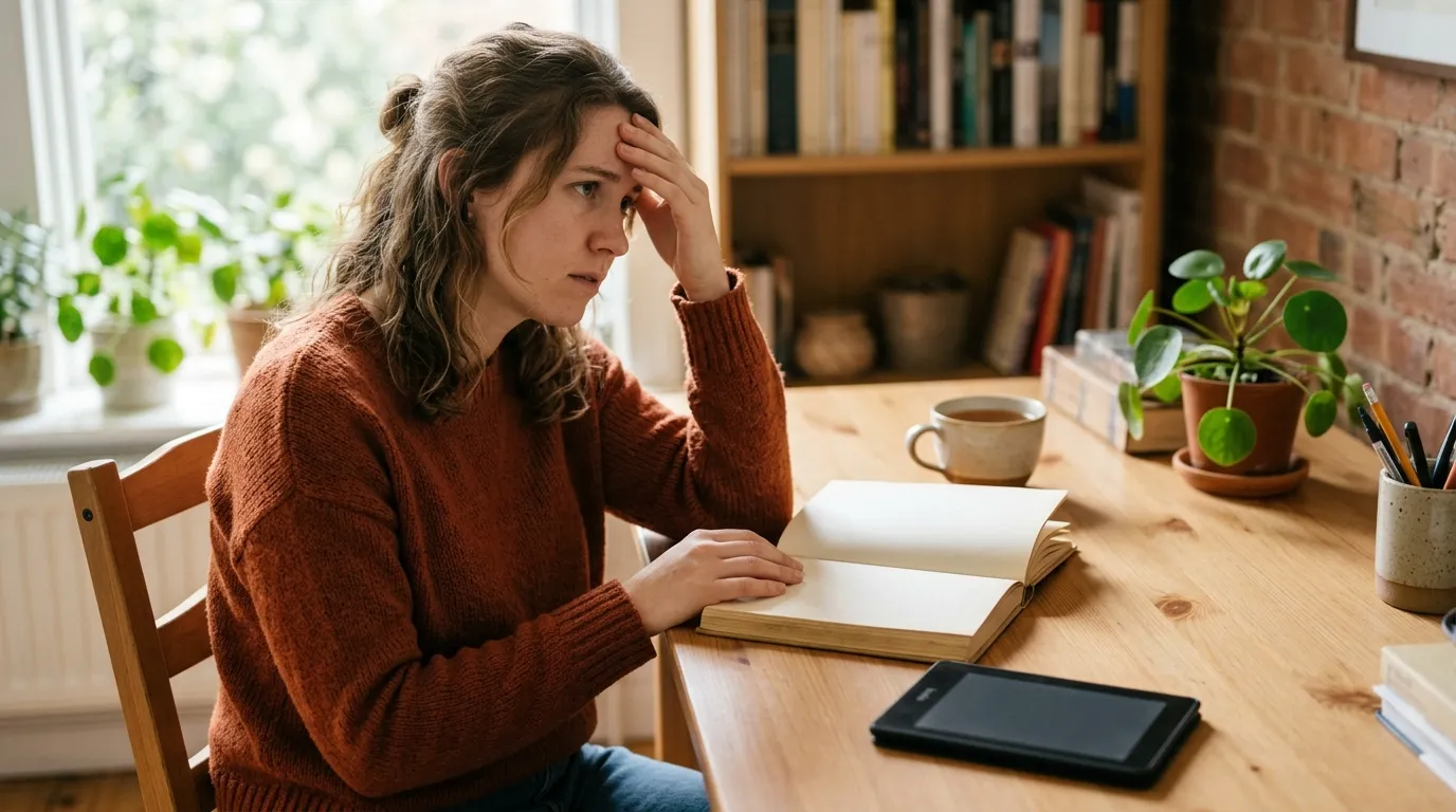 Pessoa com expressão de esquecimento ao lado de livro aberto e Kindle — por que você lê e não lembra de nada e como resolver com leitura ativa em 2026