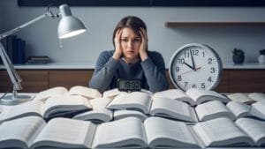Pessoa frustrada com leitura demorada, lendo devagar e perdendo tempo ao estudar.
