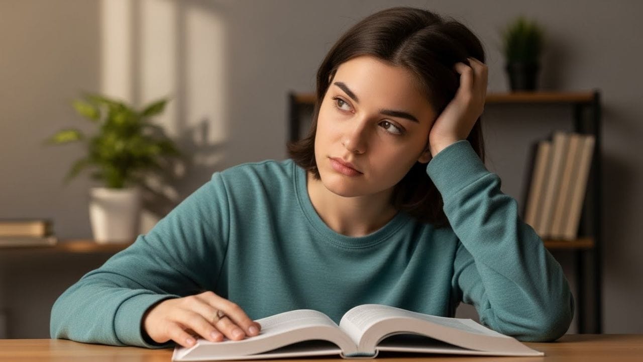Pessoa com dificuldade de concentração lendo um livro, representando o problema “não consigo me concentrar na leitura” durante os estudos