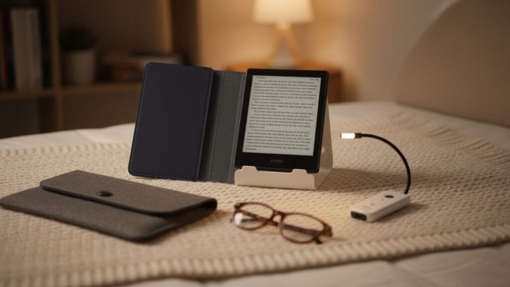 Acessórios para Kindle como suporte ergonômico, capa protetora e luz de leitura melhorando o conforto da leitura digital