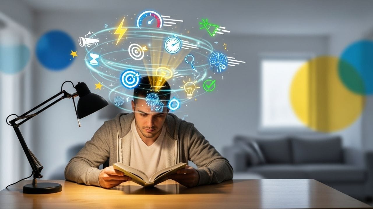 Pessoa praticando leitura dinâmica, simbolizando foco, velocidade e compreensão durante a leitura de livros e conteúdos variados.