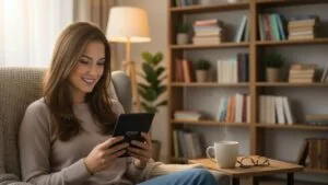 Pessoa lendo em um Kindle em ambiente aconchegante, representando como o Kindle ajuda a criar o hábito de leitura diário