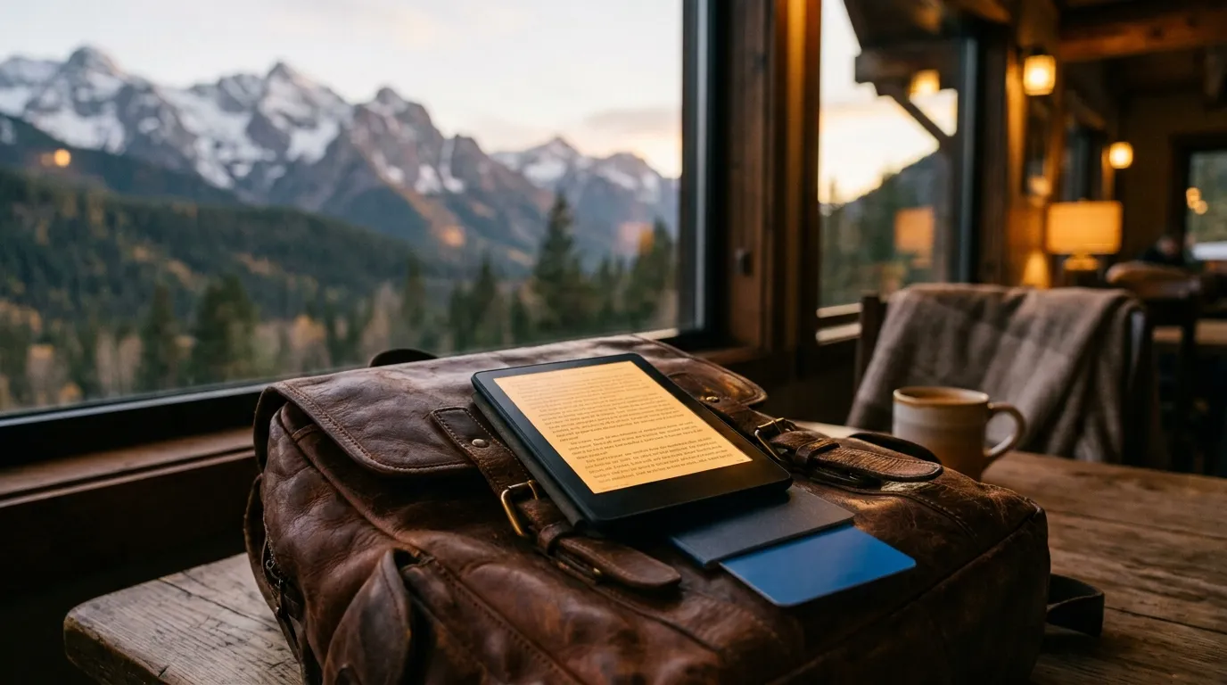 Kindle sobre mala de viagem com passaporte ao fundo — leitura offline sem precisar de internet em qualquer lugar do mundo.