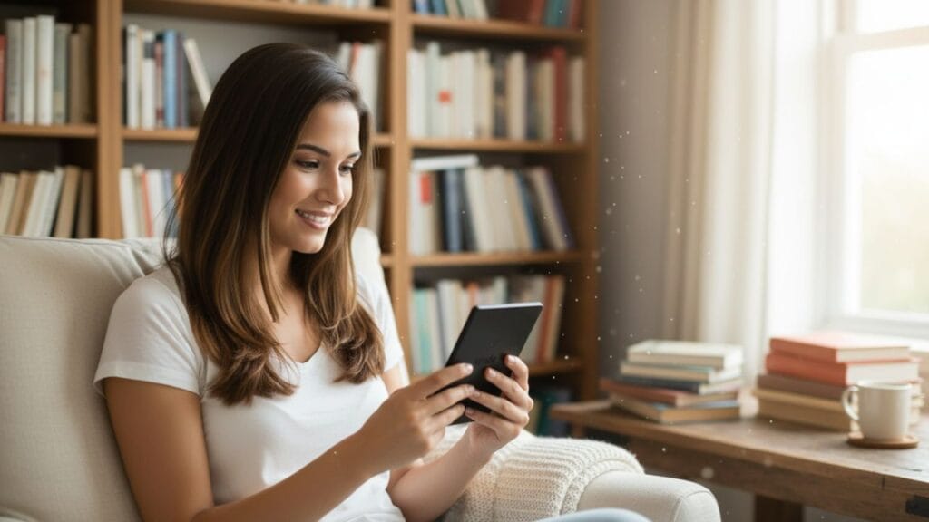 Leitora feliz usando Kindle, livros ao redor, ambiente aconchegante, representando leitura para iniciantes.