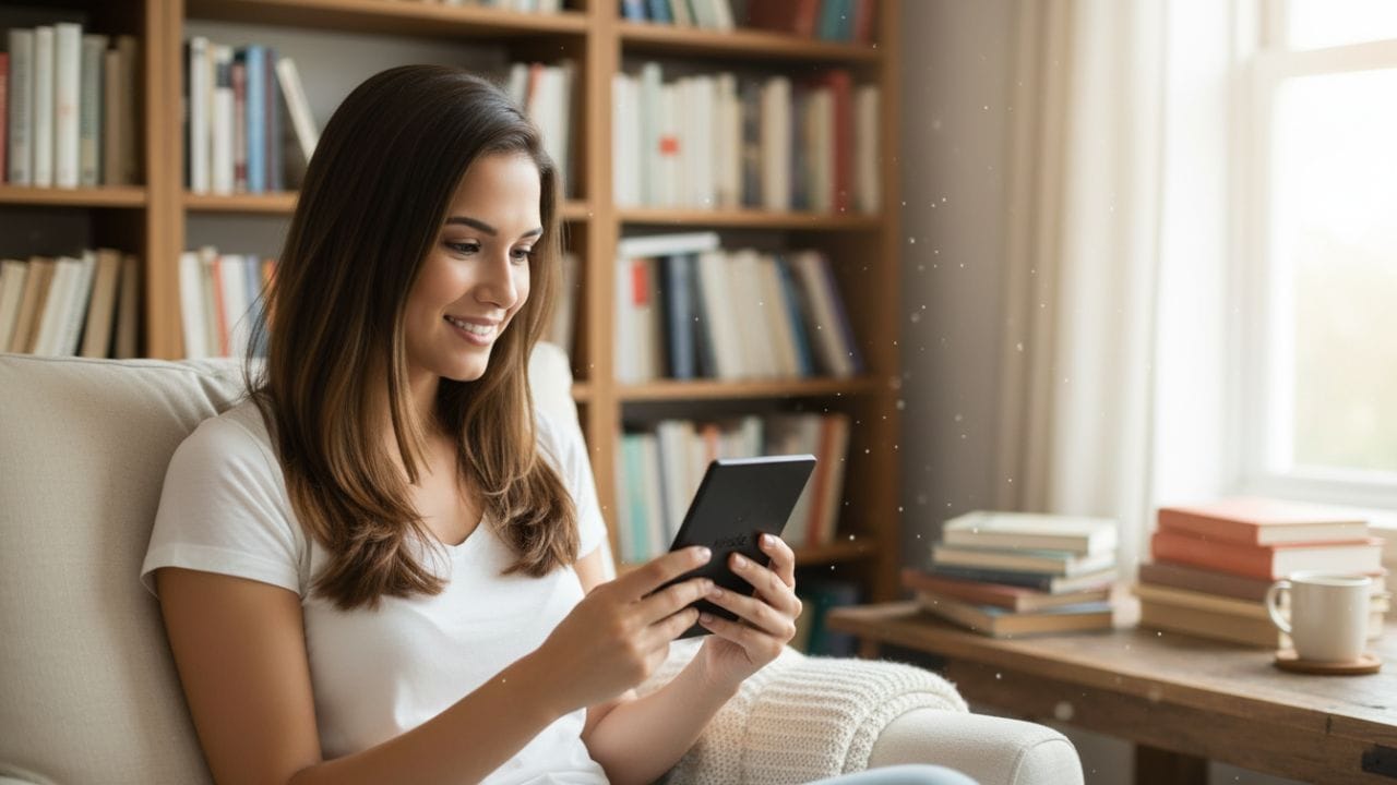 Leitora feliz usando Kindle, livros ao redor, ambiente aconchegante, representando leitura para iniciantes.