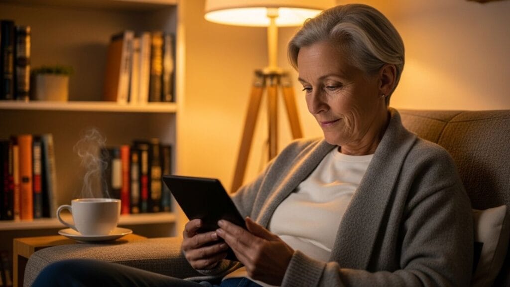 Pessoa lendo livros online em um Kindle em ambiente aconchegante, representando a leitura digital como alternativa prática aos livros físicos.