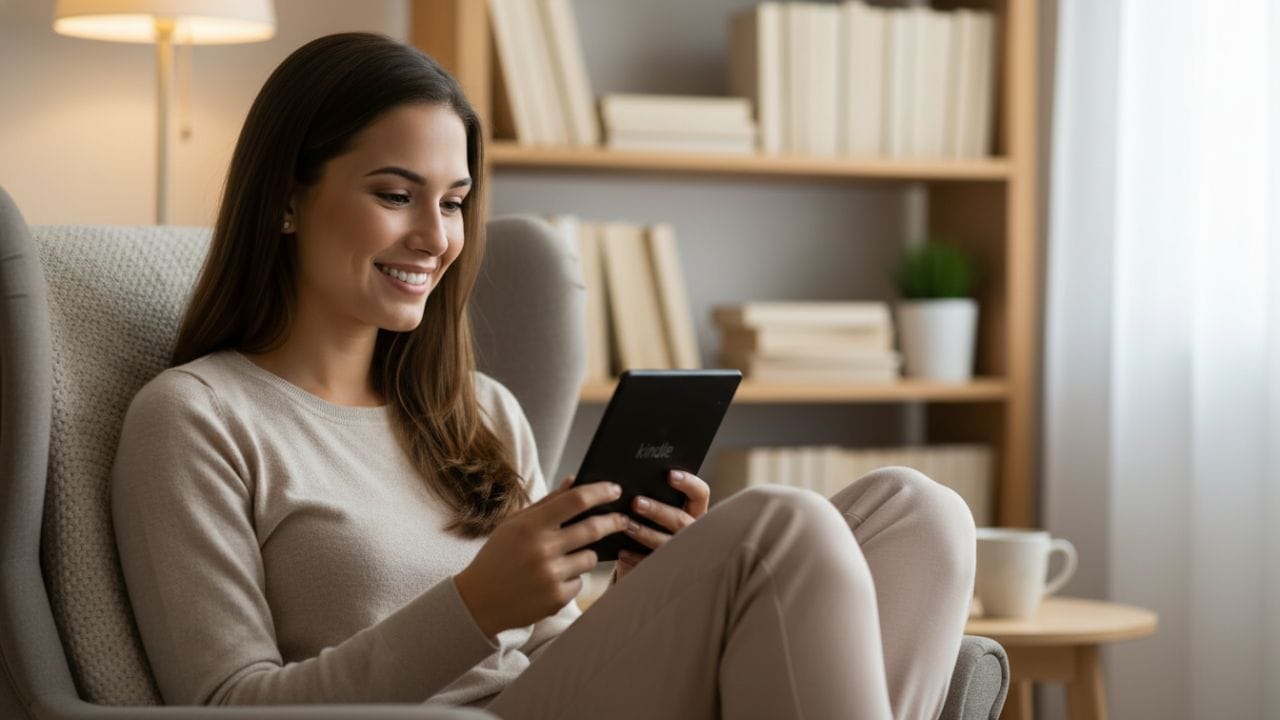 Mulher lendo no Kindle em ambiente aconchegante, representando um plano de livros para ler em 30 dias e criação do hábito de leitura.