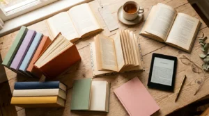Livros coloridos sobre mesa de madeira com Kindle ao lado — seleção de livros para quem não tem hábito de leitura e quer começar em 2026.