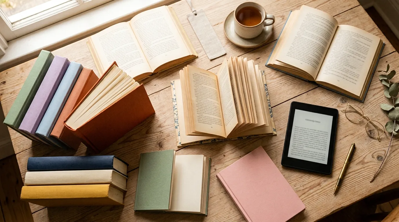 Livros coloridos sobre mesa de madeira com Kindle ao lado — seleção de livros para quem não tem hábito de leitura e quer começar em 2026.