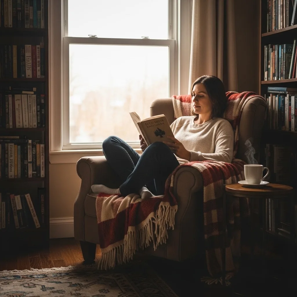 Pessoa lendo um livro em um ambiente aconchegante e iluminado, representando hábitos de leitura e uma rotina de leitura equilibrada.