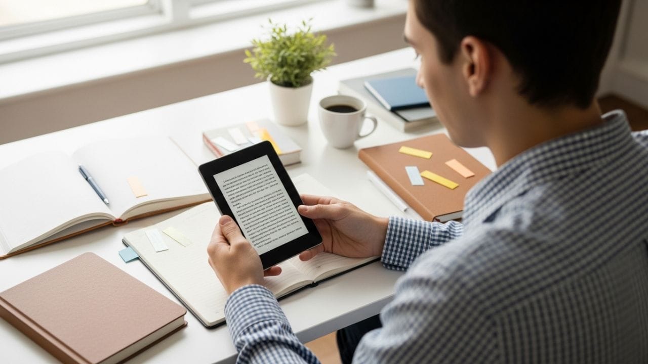 Estudante universitário sentado em mesa organizada estudando com Kindle nas mãos, cercado por cadernos e café, em ambiente iluminado naturalmente e com atmosfera focada e produtiva.