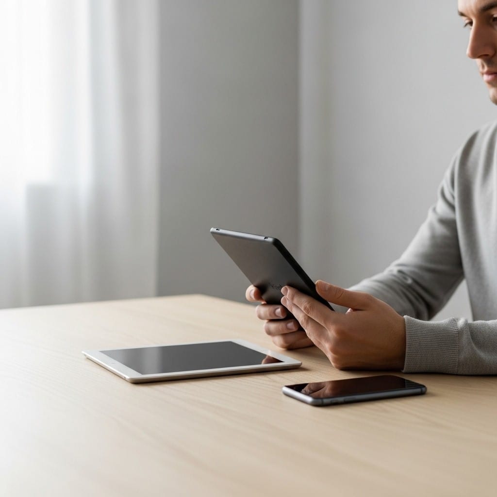 Pessoa utilizando um Kindle para leitura digital em um ambiente moderno, ilustrando o uso de dispositivos eletrônicos para ler livros.