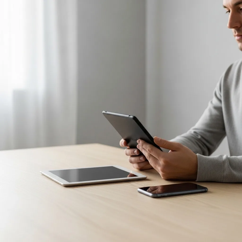 Pessoa utilizando um Kindle para leitura digital em um ambiente moderno, ilustrando o uso de dispositivos eletrônicos para ler livros.