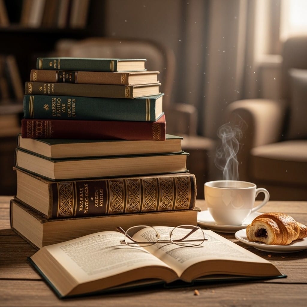 Pilha de livros sobre uma mesa com xícara de café ao lado, simbolizando recomendações de livros que valem a leitura.
