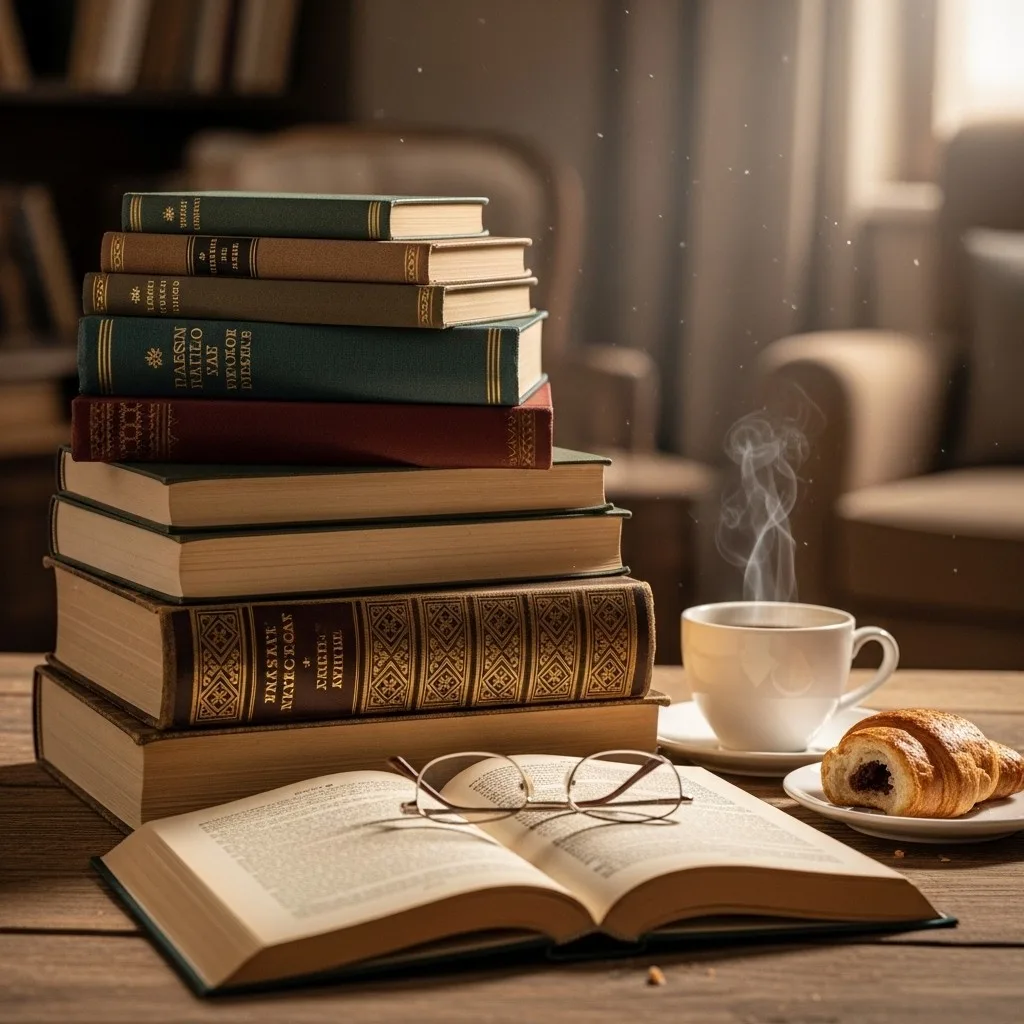 Pilha de livros sobre uma mesa com xícara de café ao lado, simbolizando recomendações de livros que valem a leitura.