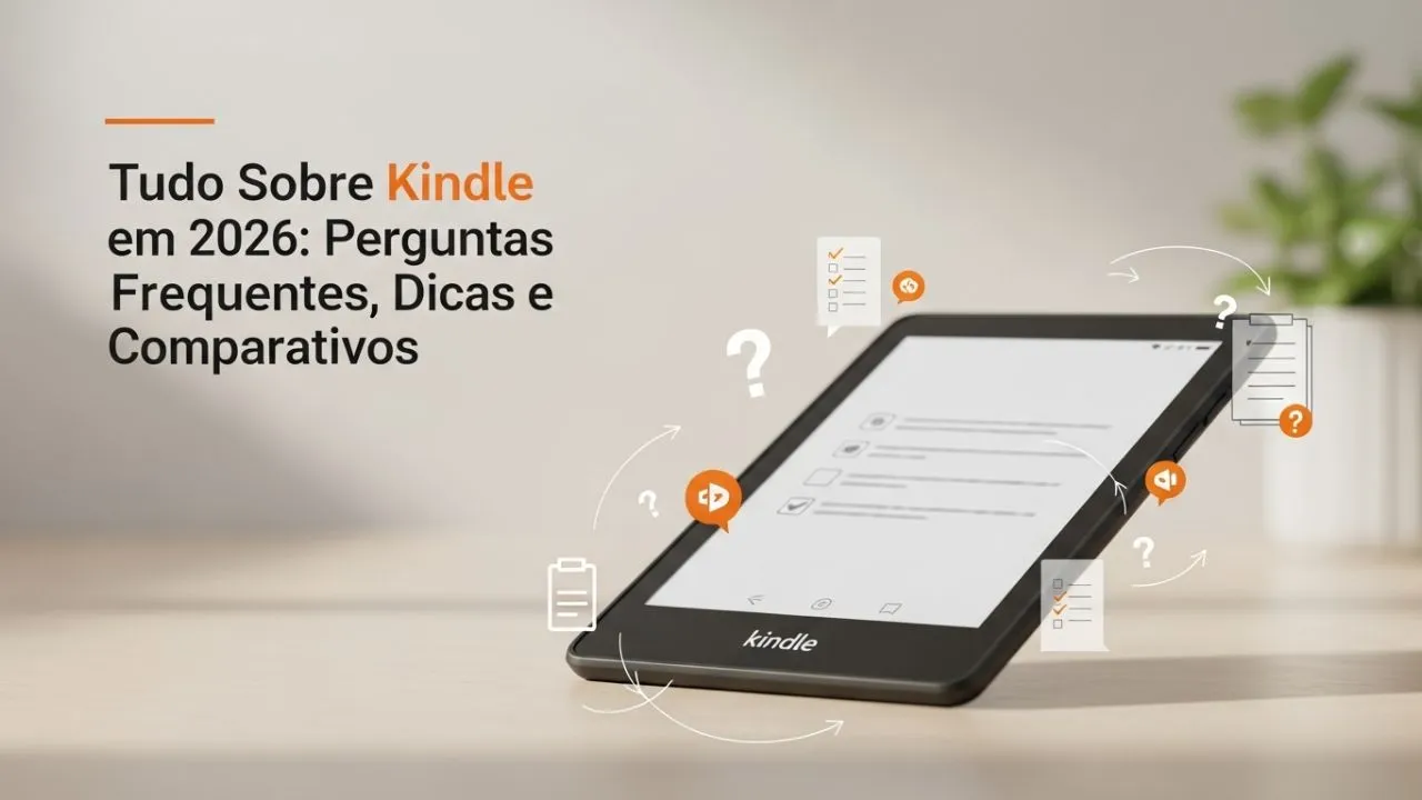 “Kindle em destaque com fundo limpo. Artigo: Tudo Sobre Kindle 2026 — Perguntas, dicas e comparativos.”