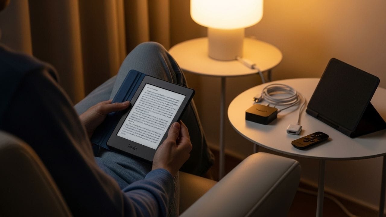 Kindle com capa oficial e acessórios originais Amazon como carregador, virador de página e suporte de leitura em ambiente aconchegante