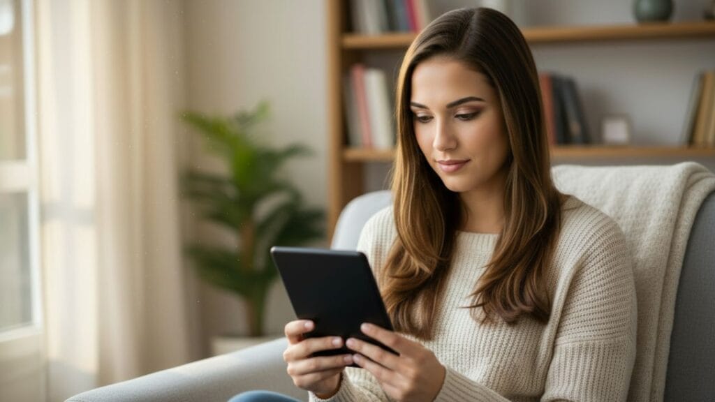 Mulher brasileira sentada em ambiente aconchegante lendo em um e-reader, com luz natural suave e expressão de calma, representando hábitos de leitura simples e foco no dia a dia.