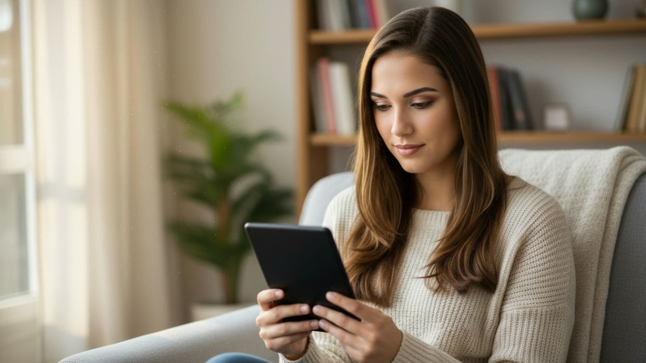 Mulher brasileira sentada em ambiente aconchegante lendo em um e-reader, com luz natural suave e expressão de calma, representando hábitos de leitura simples e foco no dia a dia.