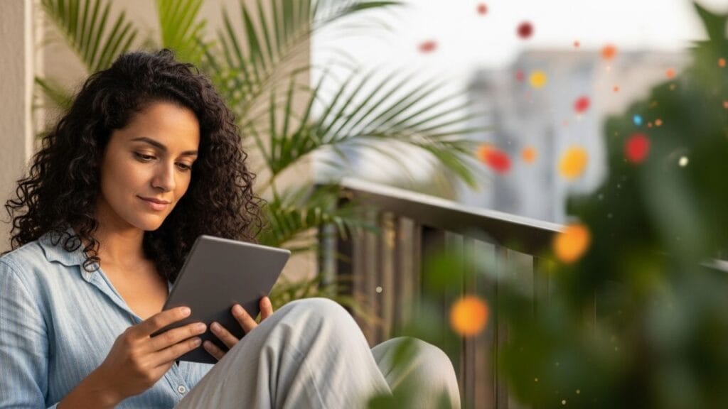 Mulher lendo Kindle em casa durante o Carnaval, aproveitando descanso e leitura longe da folia brasileira