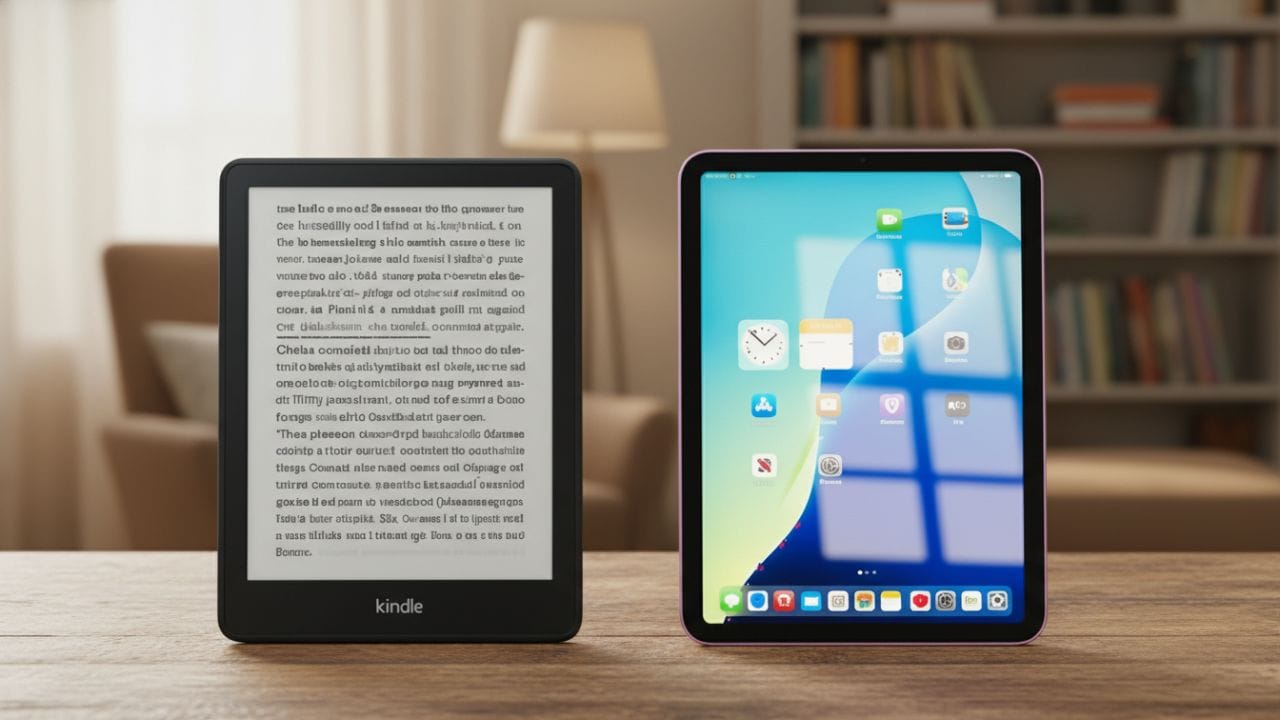 "Kindle Paperwhite aberto mostrando leitura digital, destacando a tela e-ink e design leve, ideal para leitura confortável e prolongada."