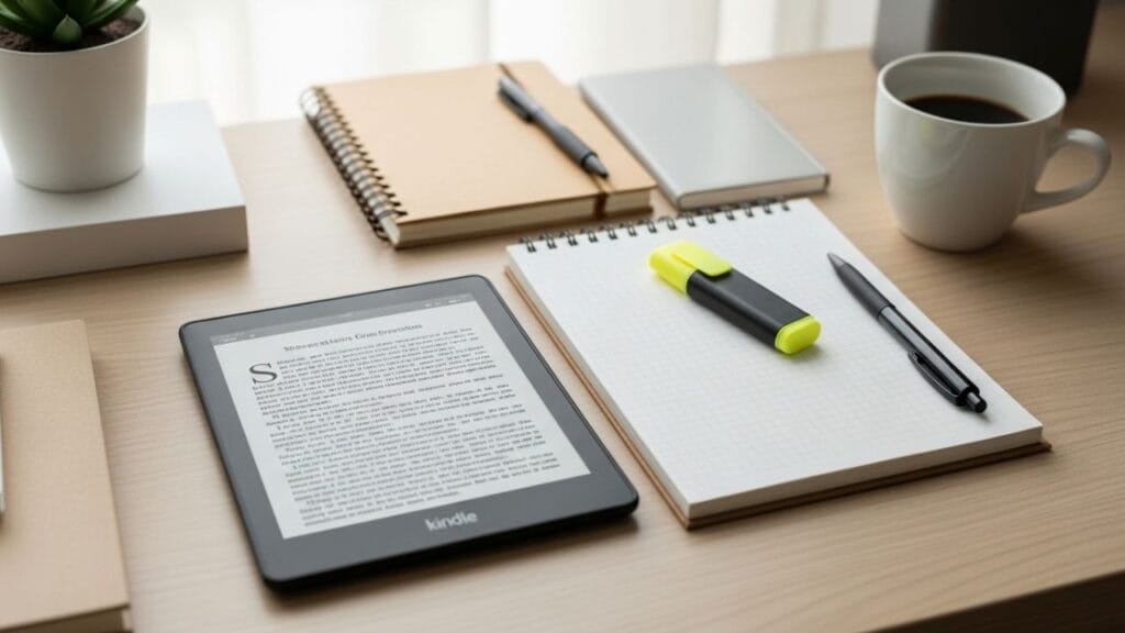 Kindle sendo usado para estudar para concurso público em mesa organizada com caderno e material de estudo