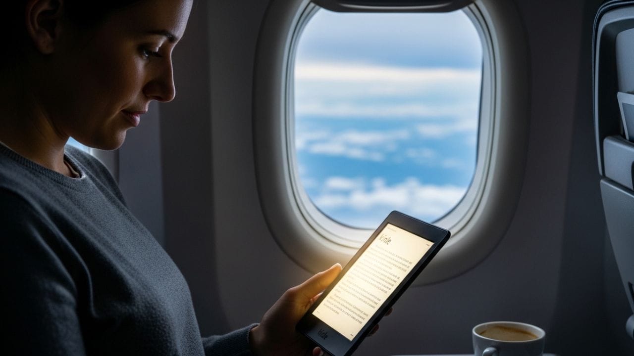 Pessoa usando Kindle no avião, lendo ebook offline durante voo com modo avião ativado.