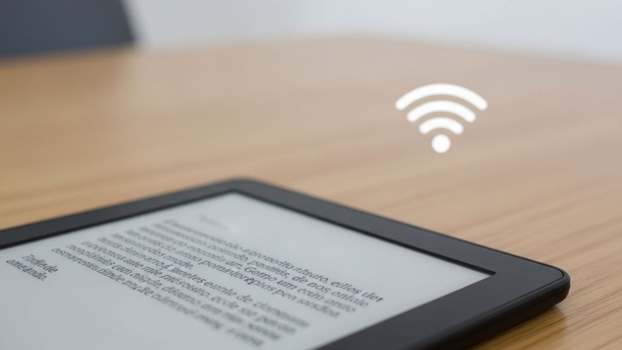 Kindle exibindo livro digital com pergunta sobre necessidade de Wi-Fi para funcionar.