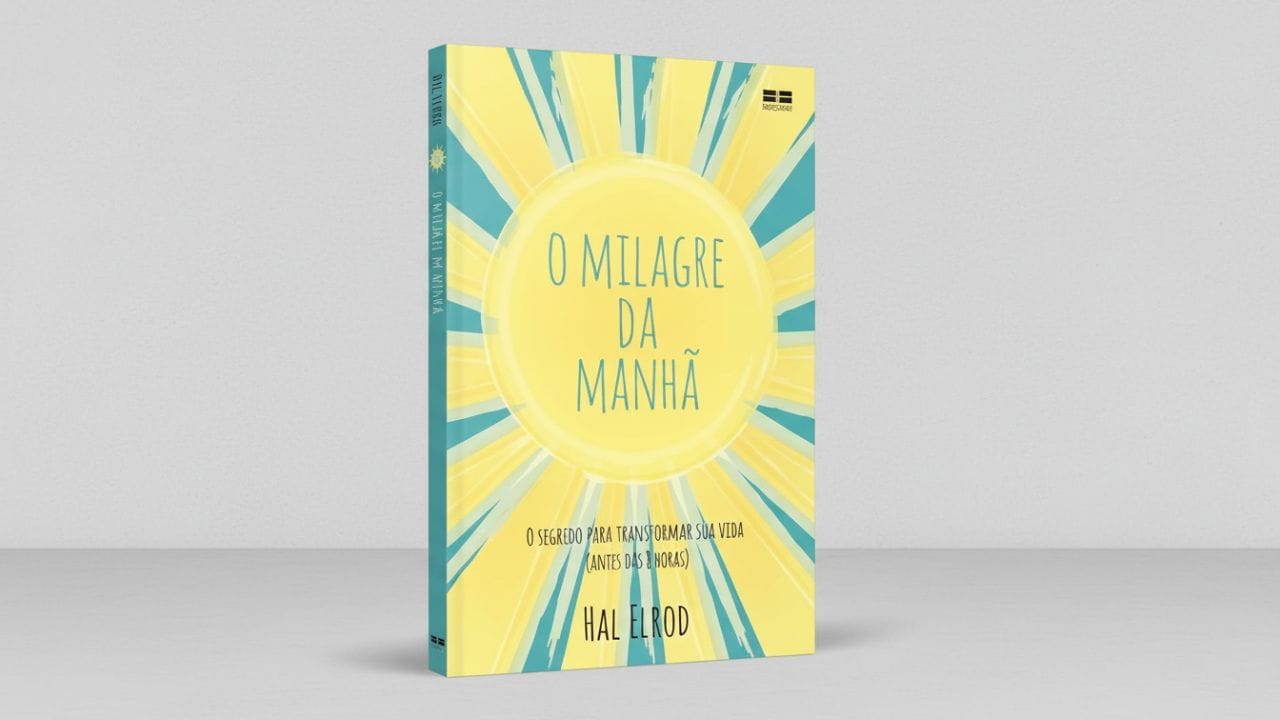 Capa do livro O Milagre da Manhã, de Hal Elrod, com fundo em degradê azul e amarelo representando o nascer do sol, título em destaque no centro e subtítulo sobre transformar sua vida antes das 8 horas da manhã.