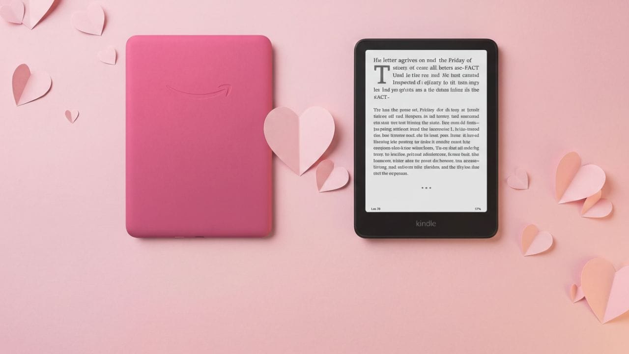Kindle com capa rosa e tela exibindo um livro, cercado por corações, representando presente digital romântico para Valentine’s Day