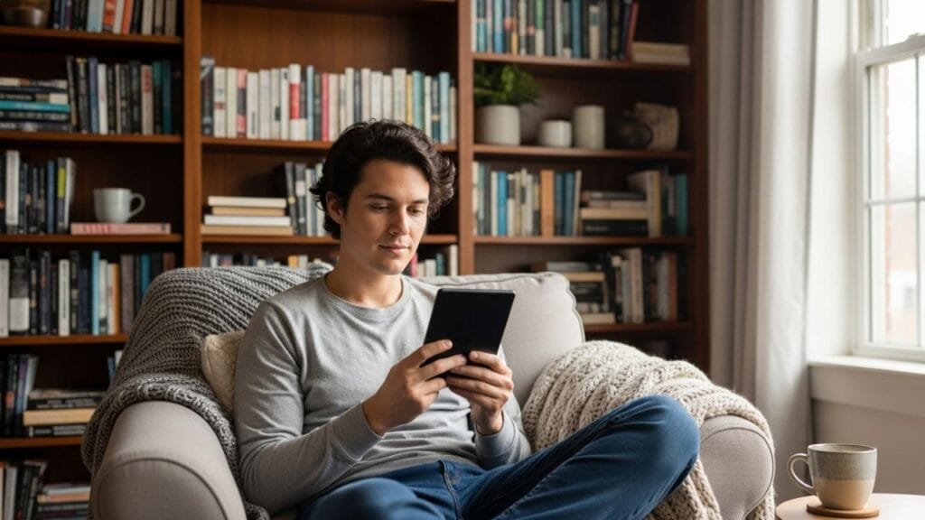 Leitor usando um Kindle em ambiente confortável, cercado de livros físicos, ilustrando a experiência de leitura digital e tradicional.