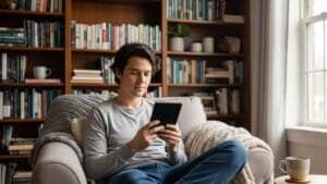 Leitor usando um Kindle em ambiente confortável, cercado de livros físicos, ilustrando a experiência de leitura digital e tradicional.