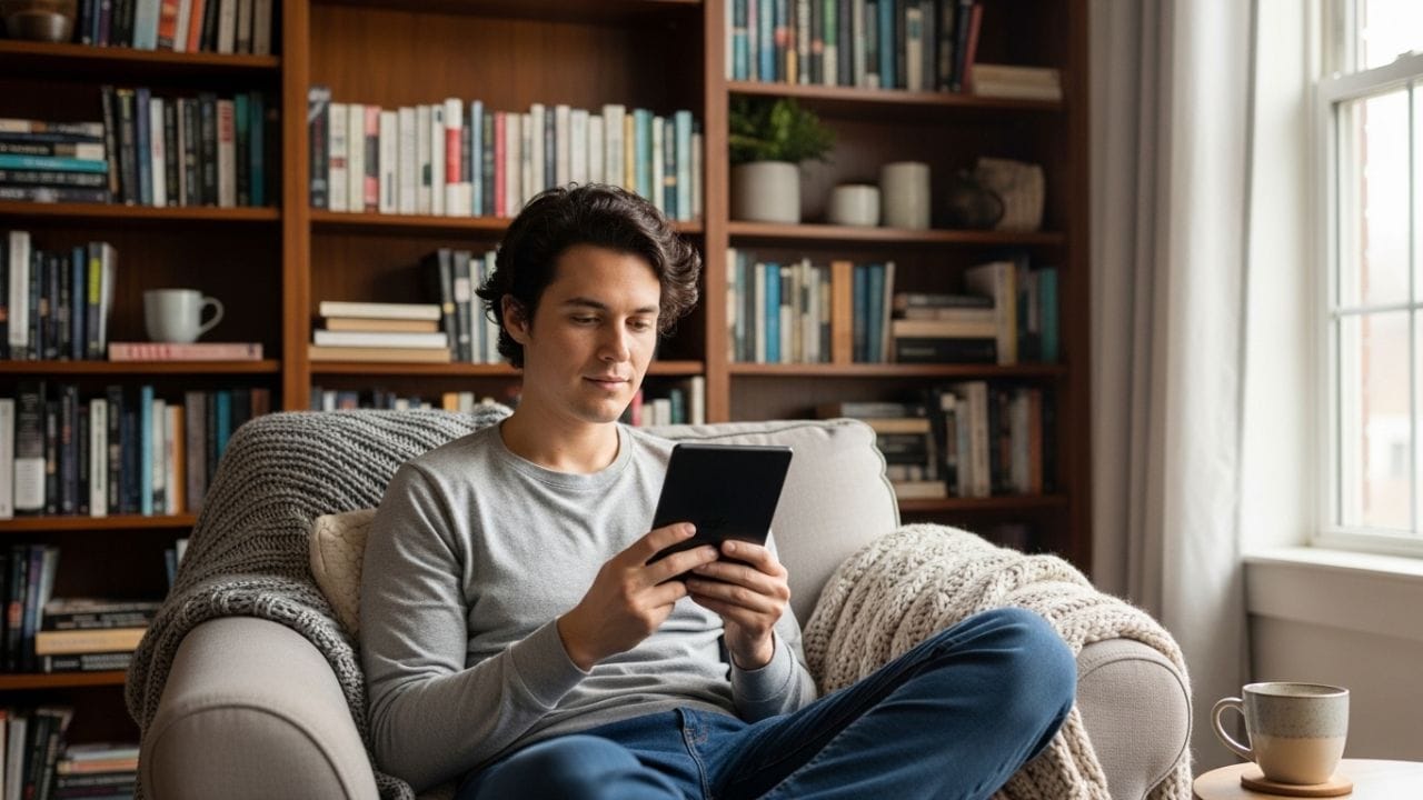 Leitor usando um Kindle em ambiente confortável, cercado de livros físicos, ilustrando a experiência de leitura digital e tradicional.