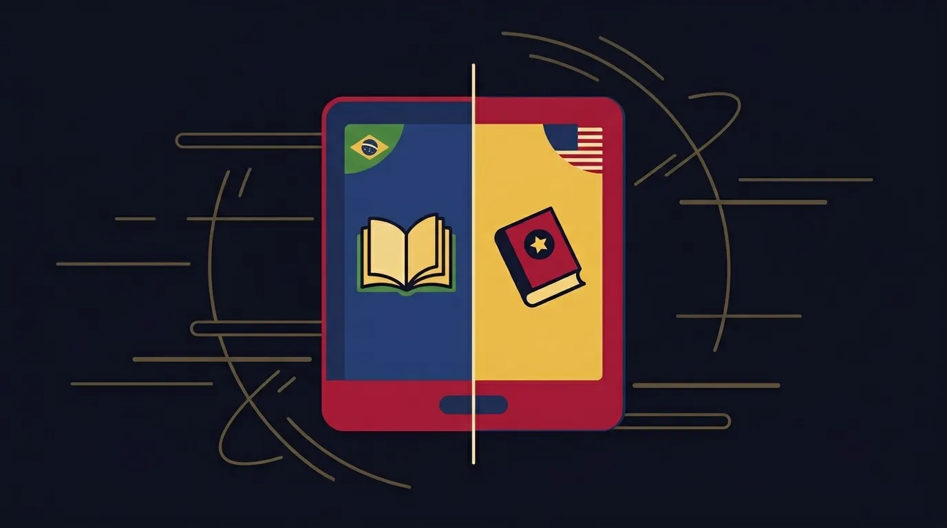 Kindle dividido ao meio com elementos visuais do Brasil e dos Estados Unidos — ilustração do comparativo Kindle Unlimited Brasil vs EUA.