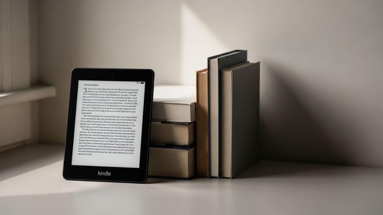 Kindle exibindo eBook aberto ao lado de livros físicos representando ofertas Kindle hoje